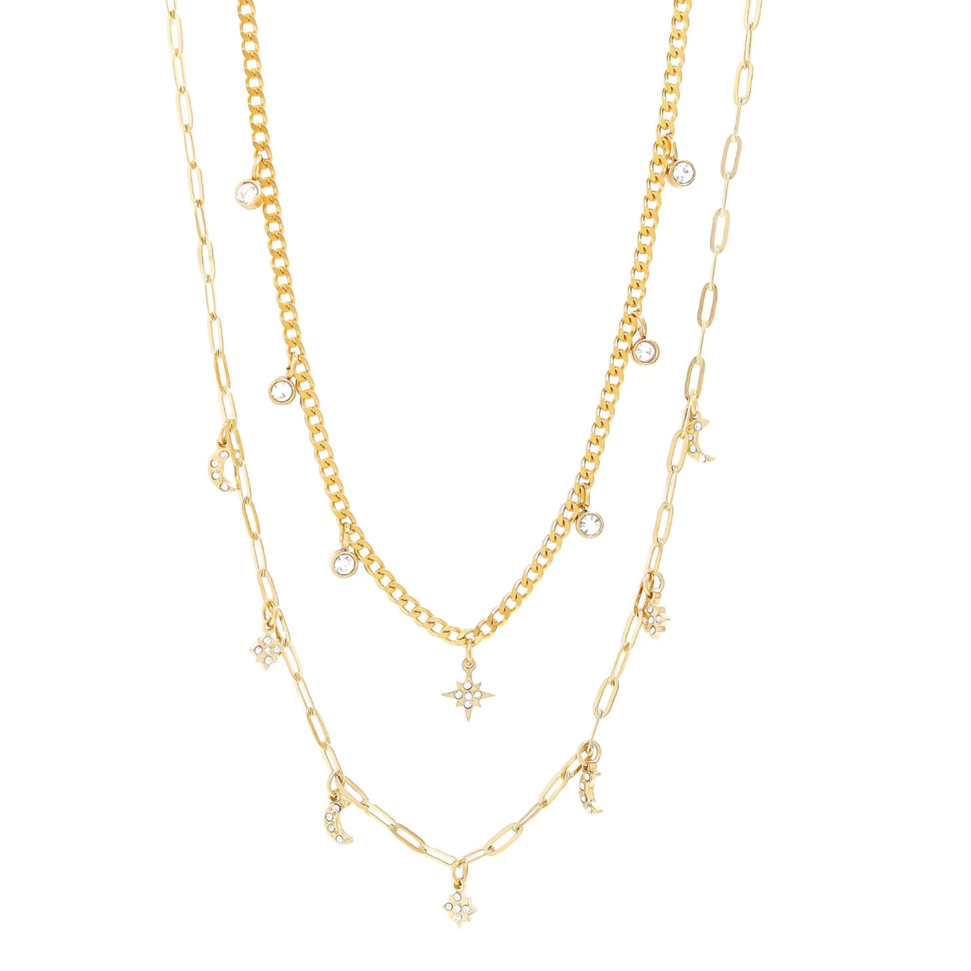 Layered Moon & Star Necklace – 18K Gold Plated