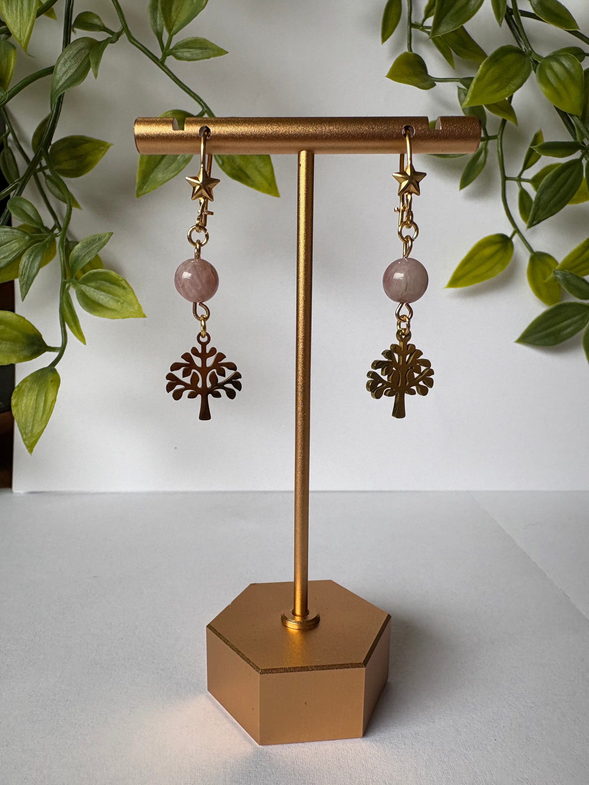 Pre-Order-Madagascar Rose Quartz Tree of Life Star Earrings